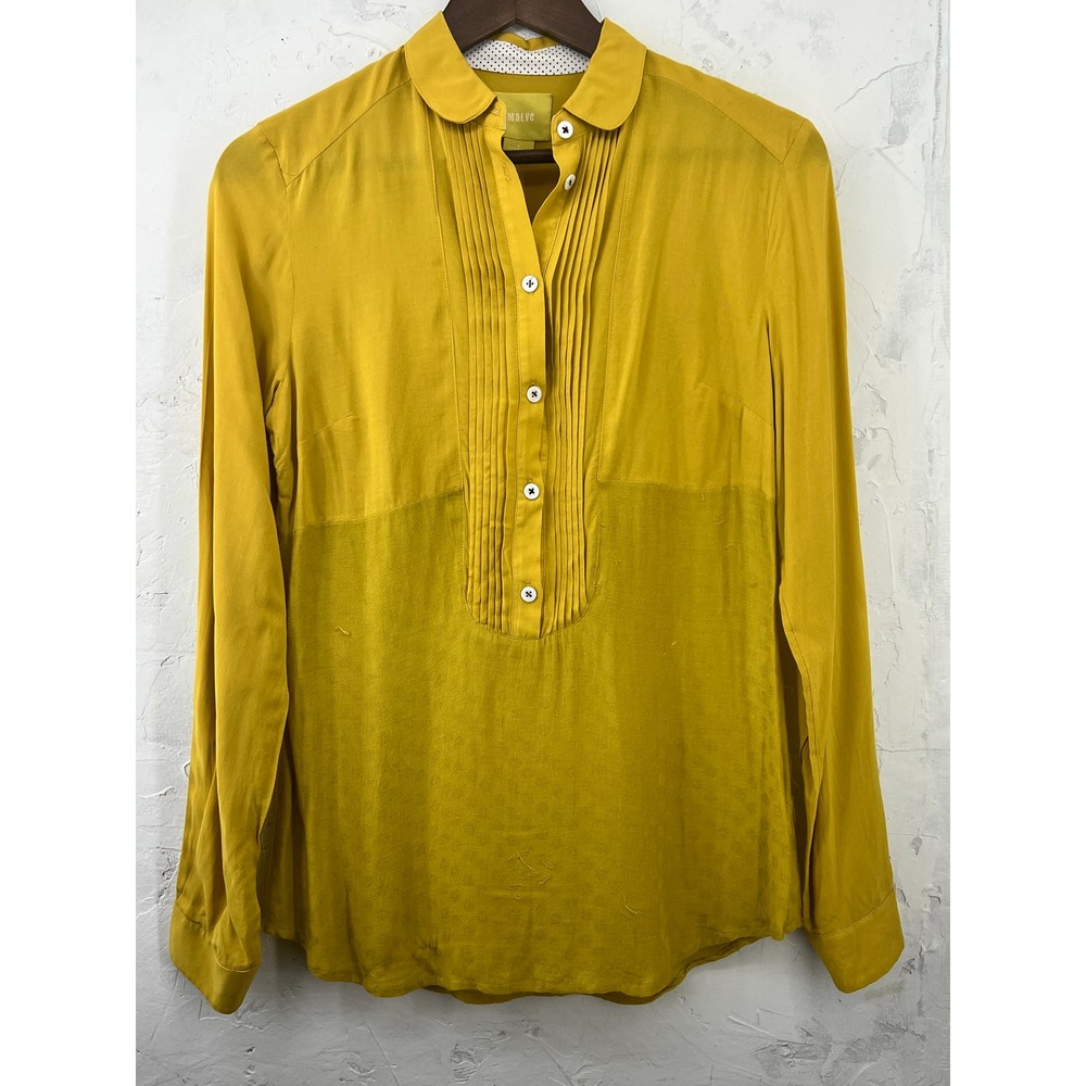 Maeve Chartreuse Blouse Long Sleeves 1/2 Button Front Pleated Collared Women's 0